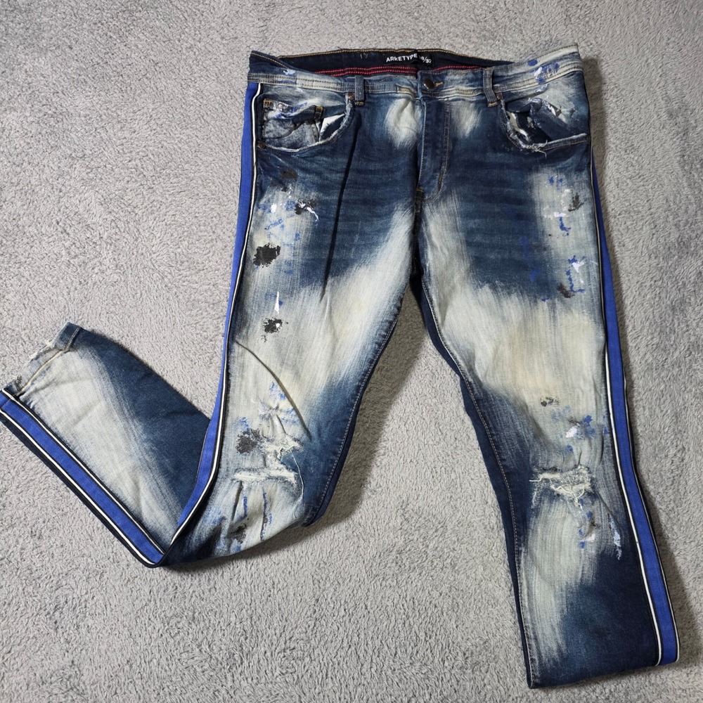 Arketype Mens 38x32 Slim Jeans Blue Acid Wash Distressed Stripe Paint Splatter